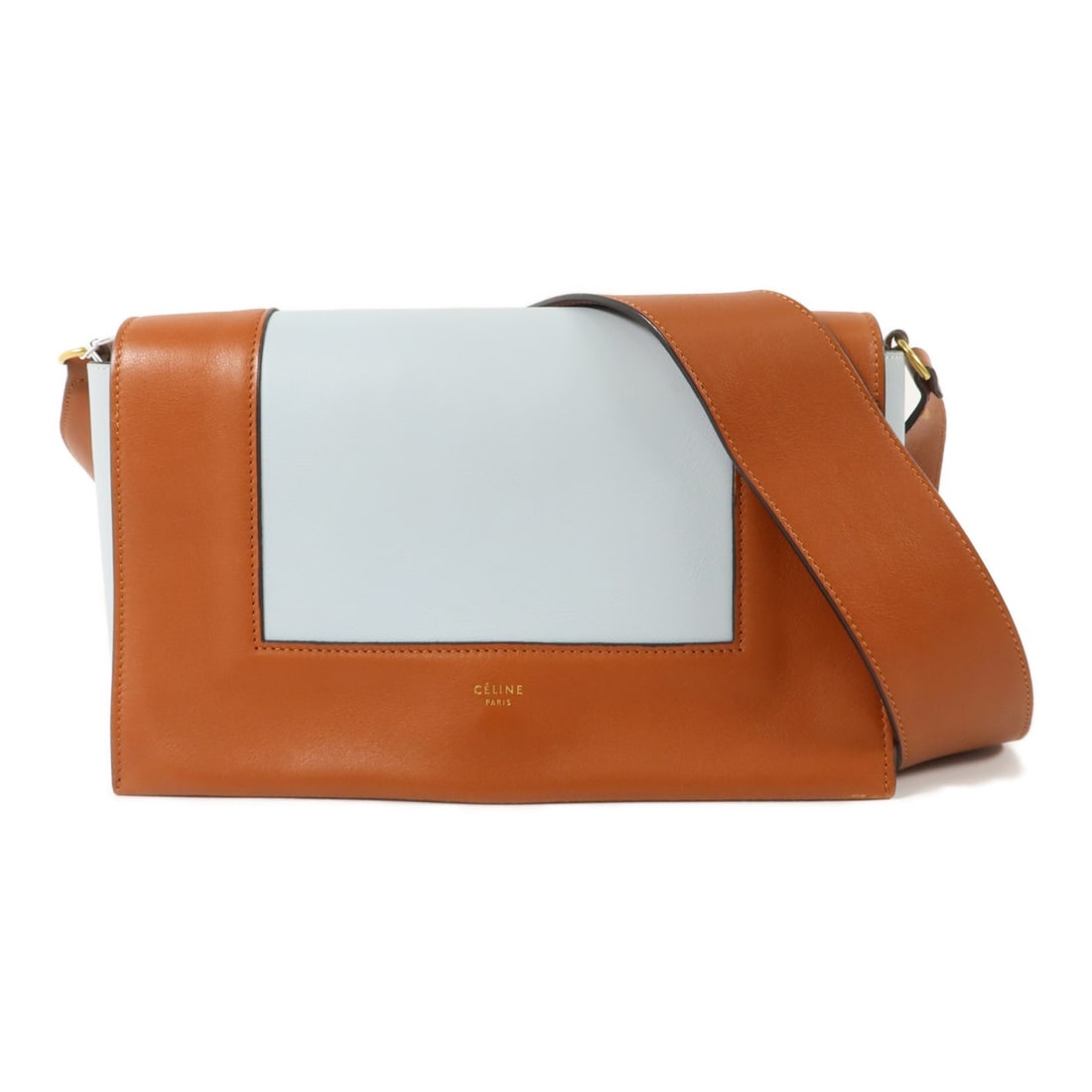 CELINE Frame Medium Shoulder Bag Brown Blue Calfskin Leather: CELINE Frame Medium Shoulder Bag Brown Blue Calfskin Leather Medium CELINE Frame shoulder bag in brown and blue calfskin leather with a flap design and organized interior compartments. This women's sh