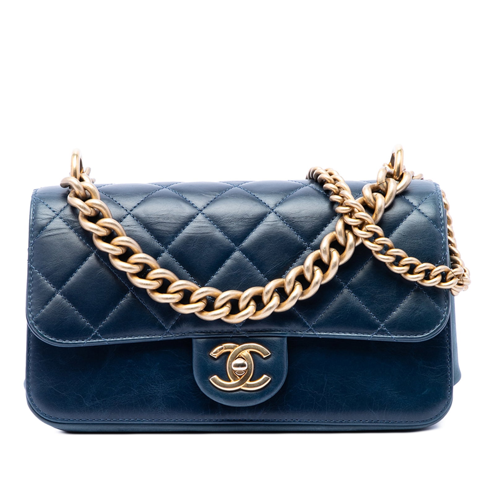 Chanel Straight Lined Flap Small Blue Quilted Calfskin Satchel: Chanel Straight Lined Flap Small Blue Quilted Calfskin Satchel Chanel Small Quilted Calfskin Straight Lined Flap satchel in blue leather with a quilted body, chain link handle, and chain link strap wi