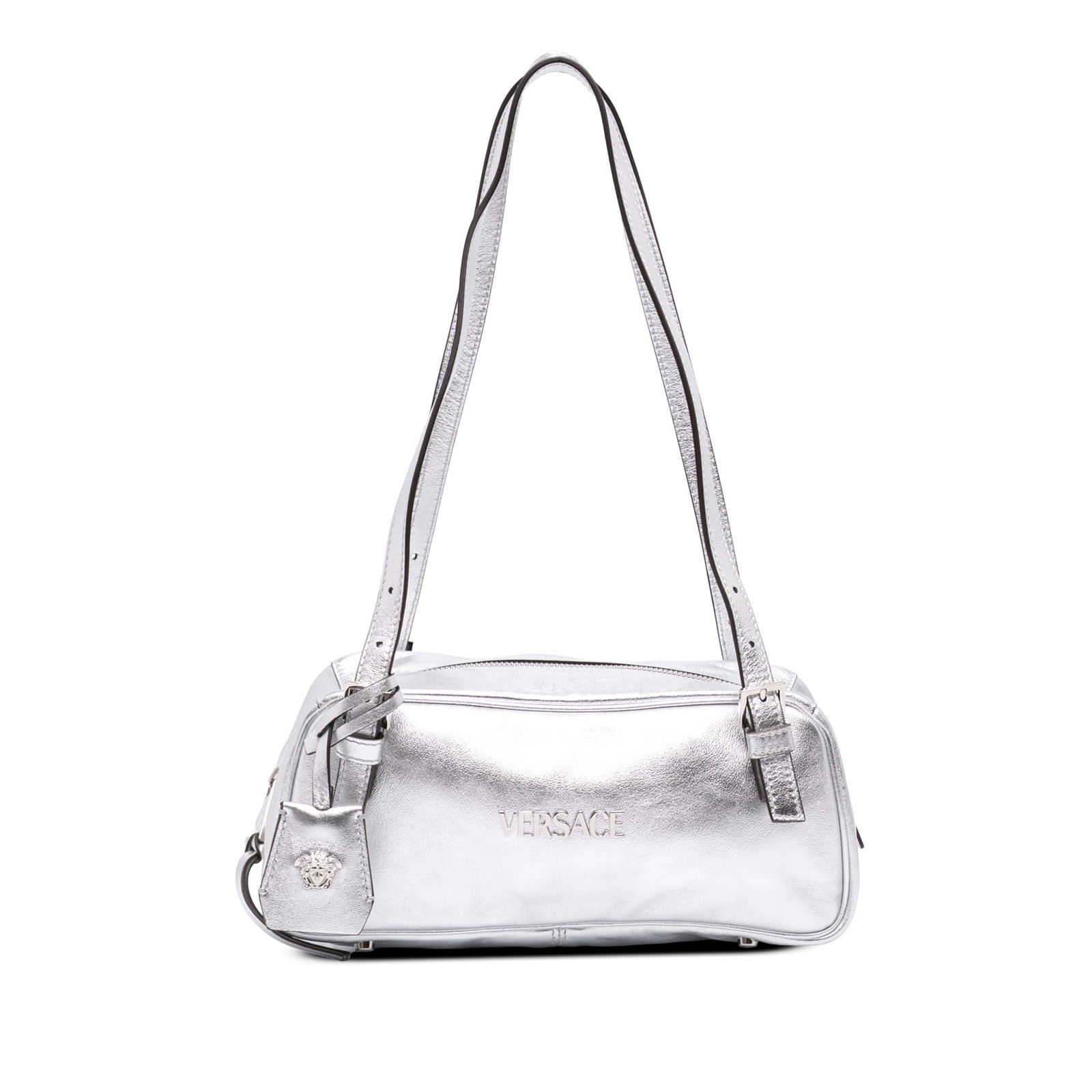 Versace Tag Bowling Shoulder Bag in Silver Metallic Leather: Versace Tag Bowling Shoulder Bag in Silver Metallic Leather A Versace Metallic Leather Tag Bowling Bag crafted in silver leather with a structured bowling bag silhouette. It features flat leather shou