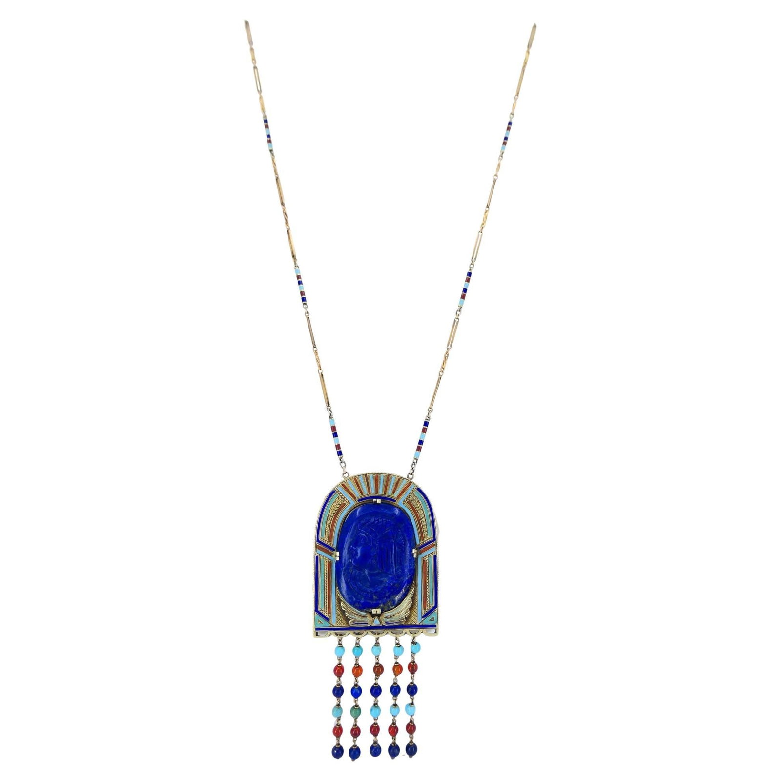 14k Gold Egyptian Revival Pendant Necklace with Lapis Turquoise Carnelian: 14k Gold Egyptian Revival Pendant Necklace with Lapis Turquoise Carnelian Early 20th century Egyptian Revival pendant necklace in 14k gold with enamel and mixed-cut lapis lazuli, carnelian, and turquo