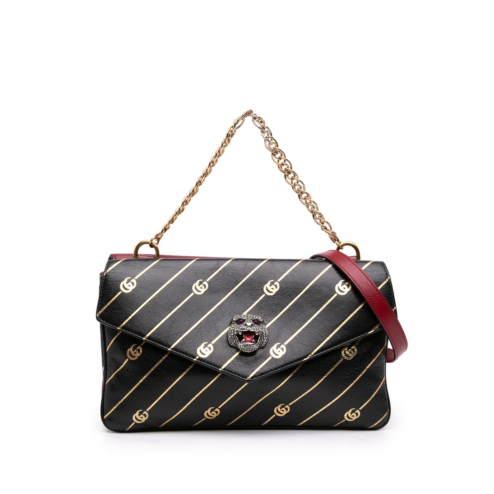 Gucci Double Thiara Medium Red Leather Satchel Bag: Gucci Double Thiara Medium Red Leather Satchel Bag This Gucci Medium Double Thiara satchel is crafted in red leather and features a chain link handle, a detachable flat leather strap, double-sided fla
