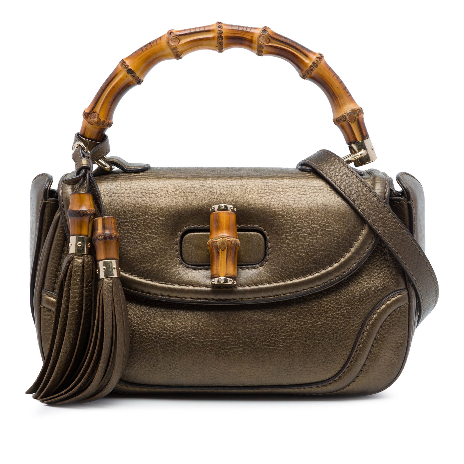 Gucci New Bamboo Medium Brown Leather Satchel Bag: Gucci New Bamboo Medium Brown Leather Satchel Bag Gucci New Bamboo satchel in brown leather with the signature bamboo top handle and a front flap secured by a bamboo twist-lock closure. The interior i