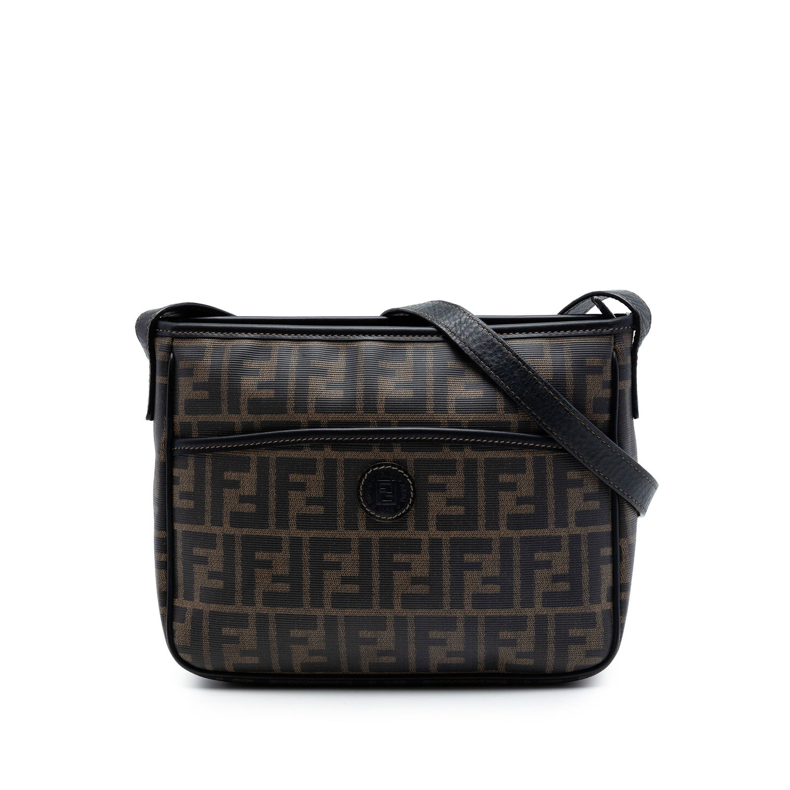 Fendi Zucca Brown Coated Canvas Crossbody Bag: Fendi Zucca Brown Coated Canvas Crossbody Bag Fendi Zucca coated canvas crossbody bag with an adjustable flat leather strap, top zip closure, exterior front slip pocket, and interior zip pocket. Made 