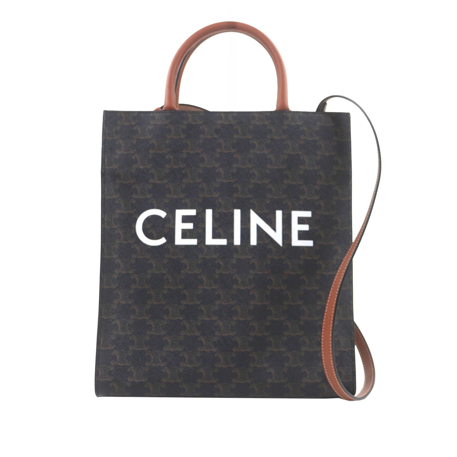 Celine Small Triomphe Vertical Cabas Tote in Coated Canvas: Celine Small Triomphe Vertical Cabas Tote in Coated Canvas A Celine Small Triomphe Vertical Cabas tote crafted with a coated canvas body and leather trim. This open-top bag features rolled leather han