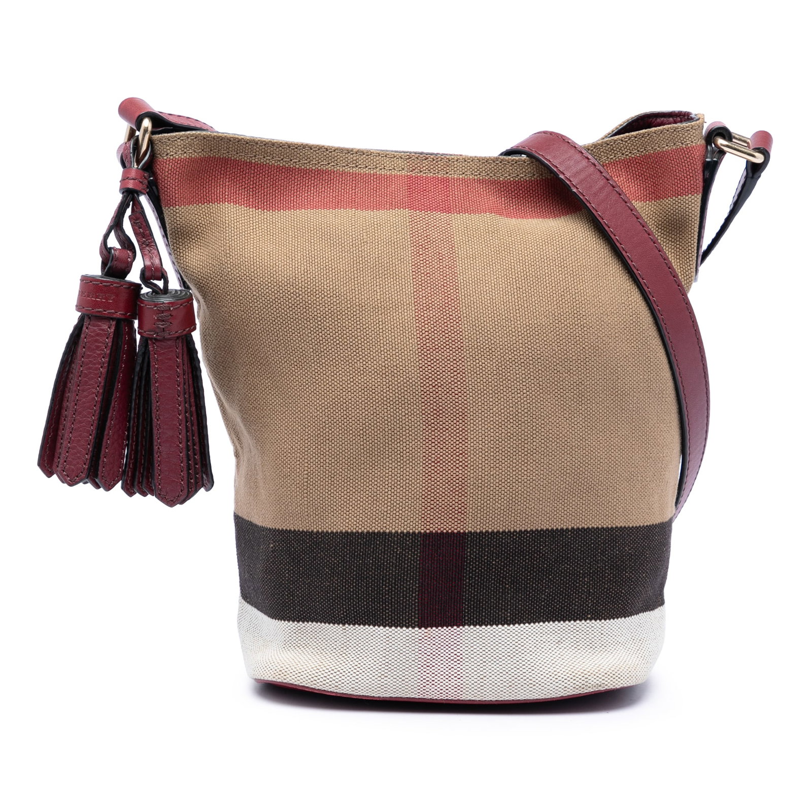Burberry Ashby Mini Bucket Bag in Mega Check Canvas: Burberry Ashby Mini Bucket Bag in Mega Check Canvas Burberry Mini Ashby bucket bag in mega check canvas with leather trim and tassel detailing. This bag features an adjustable flat leather shoulder st