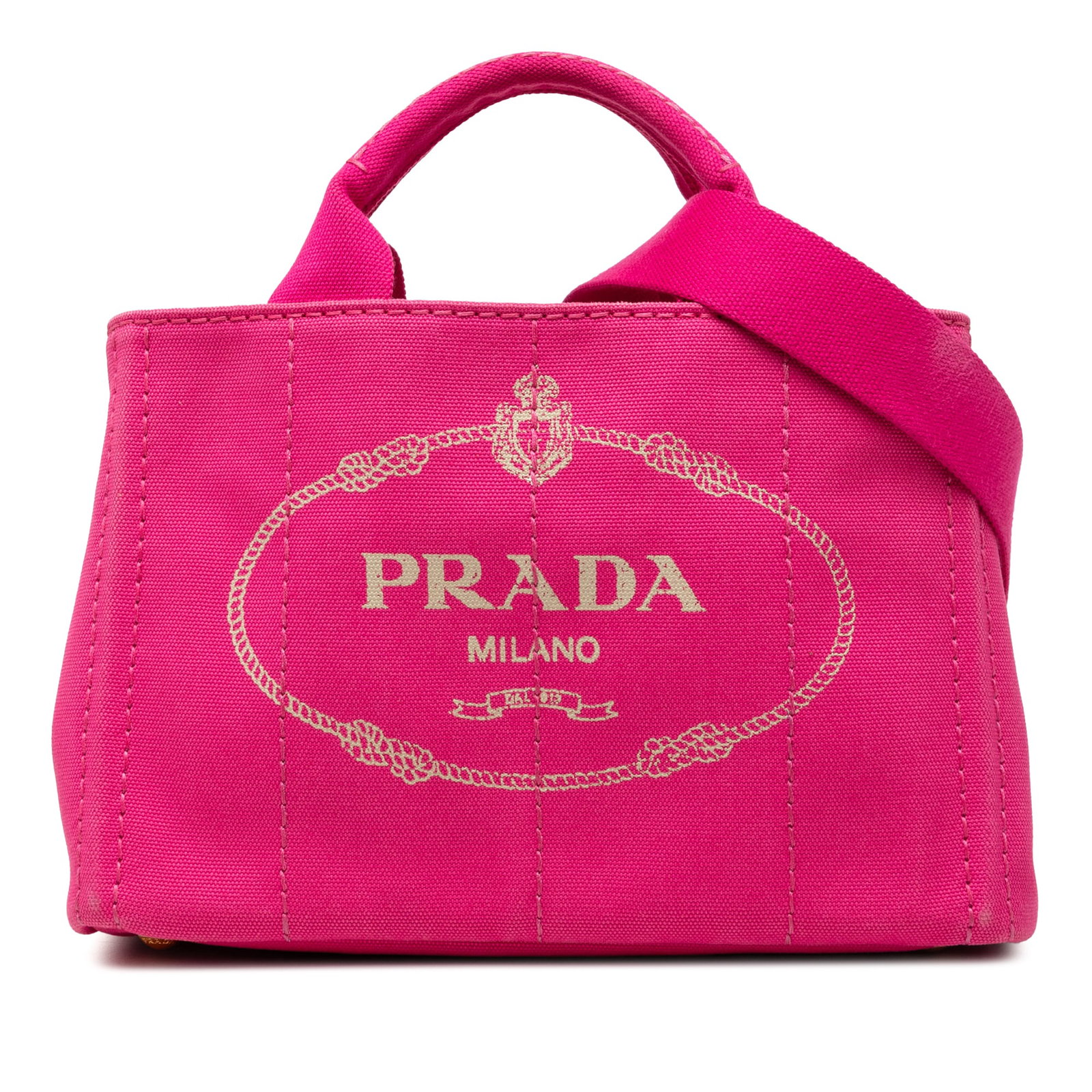 Prada Canapa Small Pink Canvas Satchel with Strap: Prada Canapa Small Pink Canvas Satchel with Strap A Prada Small Canvas Canapa Logo Tote in pink with a structured satchel silhouette. It features a canvas body, rolled canvas handles, a detachable fla