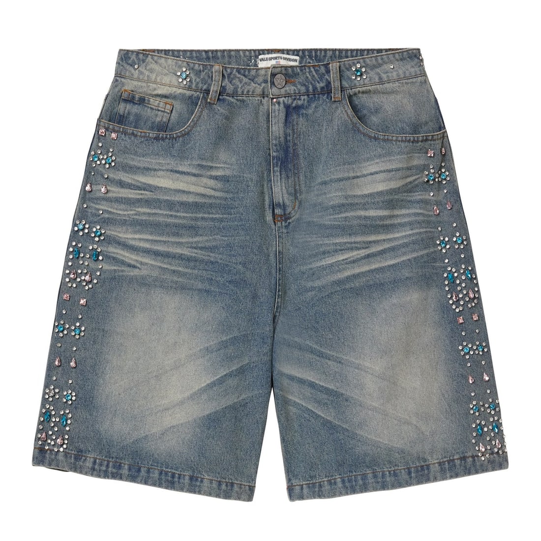 Vale denim jorts size 36 with multicolor rhinestones: Vale denim jorts size 36 with multicolor rhinestones Vale Skittles jorts in size 36. Specifications Brand: Vale Item type: Jorts Size: 36 Additional images available upon request. PLEASE NOTE: Framed,