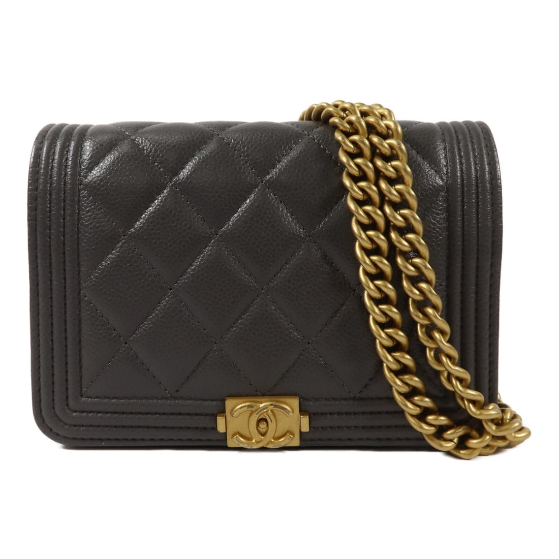 CHANEL Boy WOC AP2464 Gray Calfskin Chain Shoulder Bag: CHANEL Boy WOC AP2464 Gray Calfskin Chain Shoulder Bag Chanel Boy WOC chain shoulder bag in gray calfskin leather with CC detail and GHW. This women's shoulder bag features a compact wallet-on-chain d
