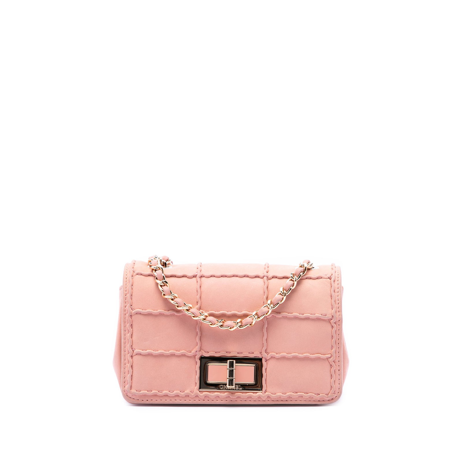 Chanel Reissue 2.55 Mini Flap Bag Pink Iridescent Lambskin: Chanel Reissue 2.55 Mini Flap Bag Pink Iridescent Lambskin A Chanel Mini Stitched Chocolate Bar Iridescent Lambskin Reissue 2.55 Flap crossbody bag in pink. It features a quilted lambskin leather body
