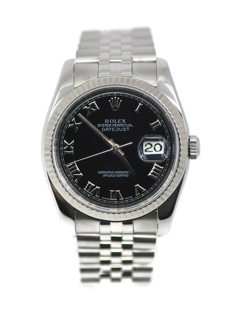 Rolex Datejust 116234 36mm black dial steel wristwatch: Rolex Datejust 116234 36mm black dial steel wristwatch Rolex Datejust reference 116234 in stainless steel with a black dial and diamond bezel. This automatic wristwatch is a pre-owned unisex model and