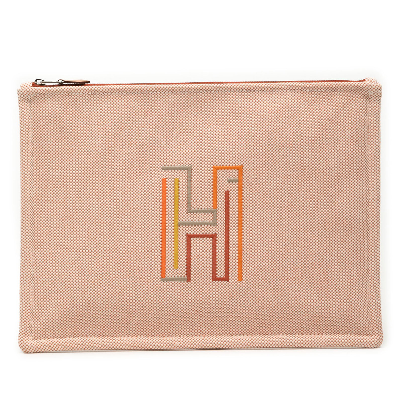 Hermes H Labyrinthe Large Canvas Zip Clutch: Hermes H Labyrinthe Large Canvas Zip Clutch Hermes large H Labyrinthe case in orange canvas with embroidered detailing and a top zip closure. Made in France, this piece offers a slim clutch-style silh