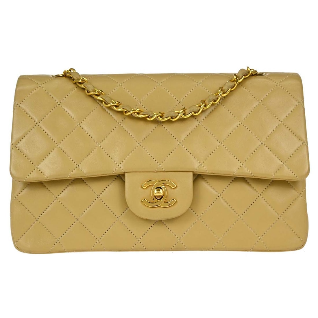 CHANEL Classic Double Flap Medium Beige Lambskin Shoulder Bag: CHANEL Classic Double Flap Medium Beige Lambskin Shoulder Bag Chanel Medium Classic Double Flap shoulder bag in beige lambskin leather with a turn-lock closure and shoulder strap. This women's bag fea