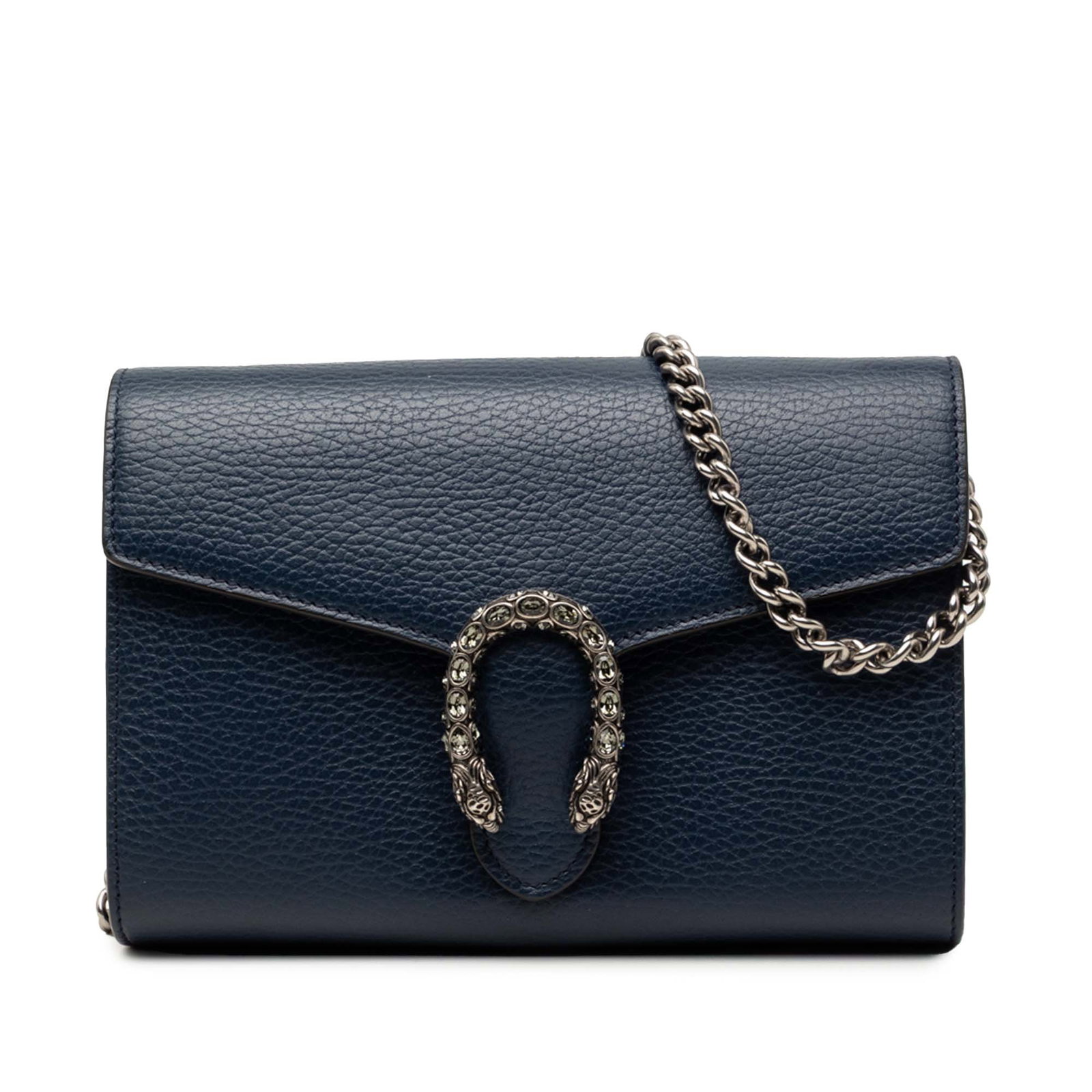 Gucci Dionysus leather wallet on chain blue: Gucci Dionysus leather wallet on chain blue A Gucci Dionysus wallet on chain crafted in blue calfskin leather. This piece features a silver-tone curb chain shoulder strap, a front flap with snap butto