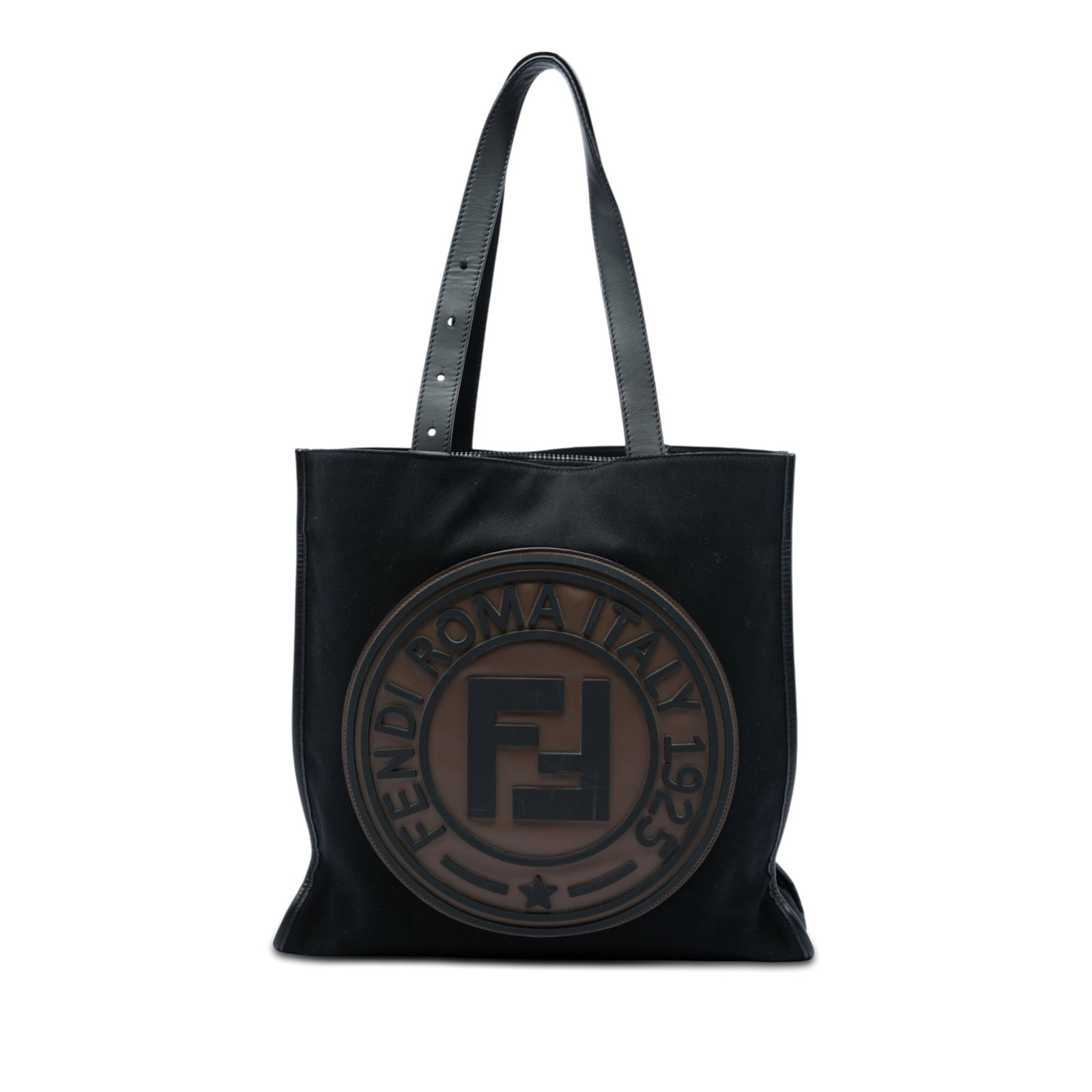 Fendi Logo Patch Canvas Tote Bag with Leather Trim: Fendi Logo Patch Canvas Tote Bag with Leather Trim Fendi tote bag crafted with a canvas body and leather trim. It features flat leather straps, an open top, an interior zip compartment, and interior z
