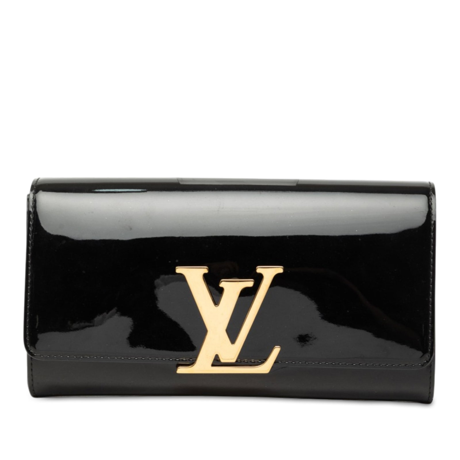 Louis Vuitton Vernis Louise East West Leather Clutch: Louis Vuitton Vernis Louise East West Leather Clutch Louis Vuitton Vernis Louise East West clutch in black leather with a front flap and flip-lock closure. The interior includes one zip pocket and sli