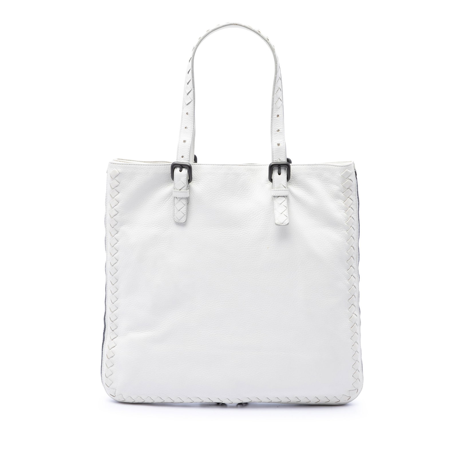 Bottega Veneta Cervo Leather Tote with Intrecciato Trim Zip Base: Bottega Veneta Cervo Leather Tote with Intrecciato Trim Zip Base Bottega Veneta Intrecciato Trimmed Cervo Zip Around Expandable Tote in white leather with woven trim detailing. This tote features adju