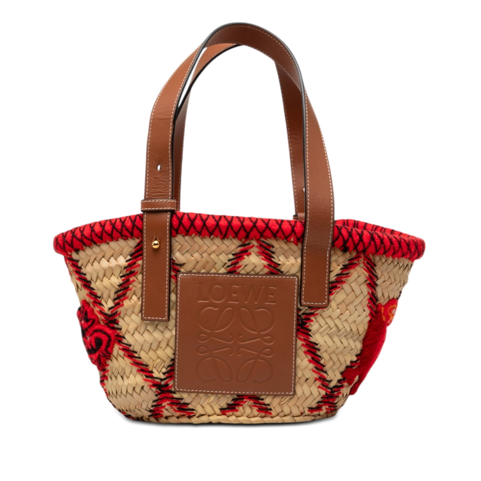 LOEWE Anagram Small Raffia Basket Tote with Leather Handles: LOEWE Anagram Small Raffia Basket Tote with Leather Handles Small tote bag with an embroidered raffia body, flat leather handles, and an open top. It is beige and made from natural material, with orig