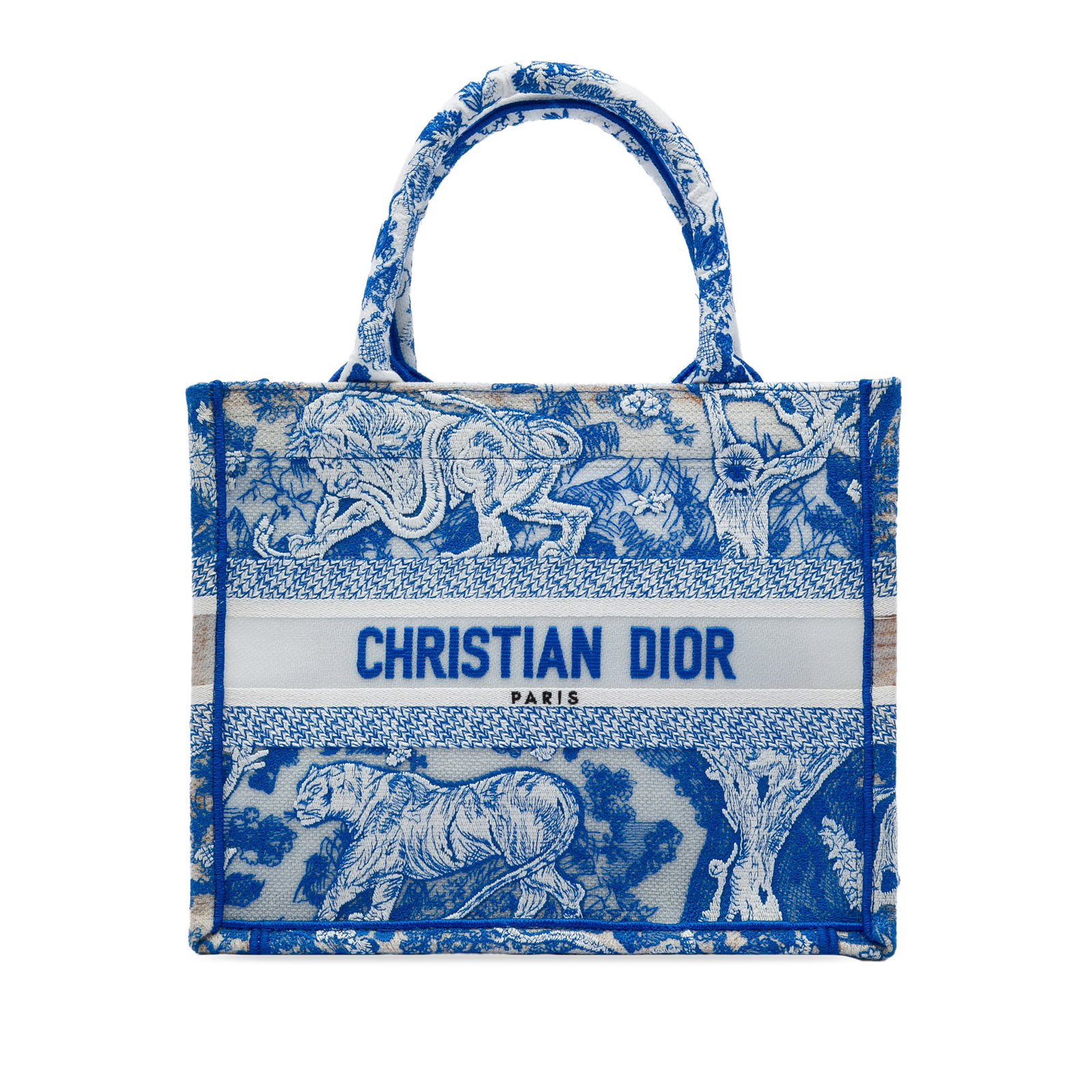 Dior Toile De Jouy Sauvage Small Book Tote Canvas Bag: Dior Toile De Jouy Sauvage Small Book Tote Canvas Bag A Dior Small Book Tote in blue embroidered canvas with the Toile De Jouy Sauvage motif. This open-top tote features rolled handles and a structure