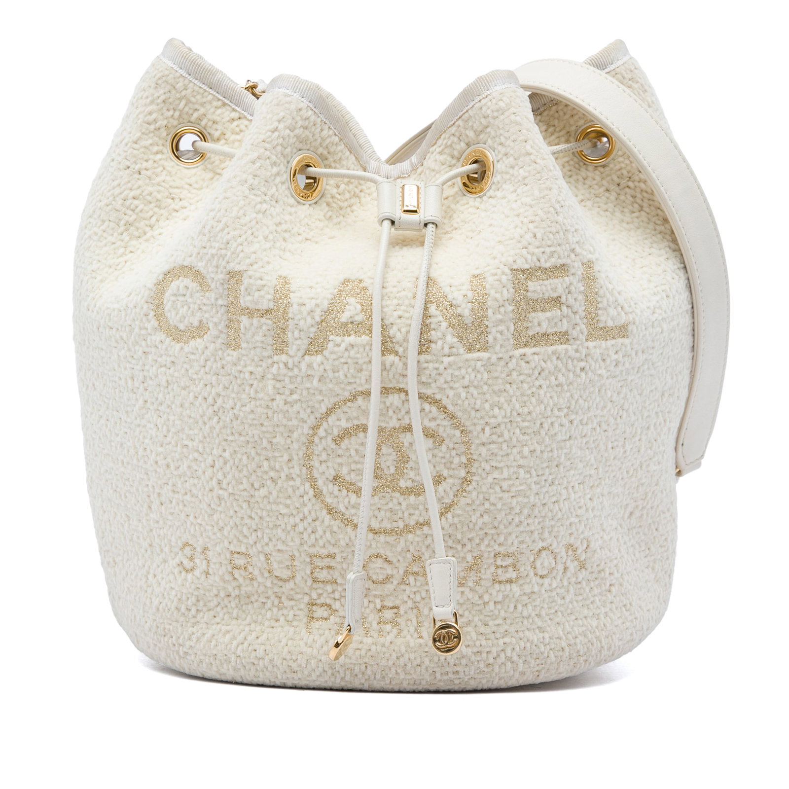 Chanel Deauville Small Tweed Bucket Bag with Chain Strap: Chanel Deauville Small Tweed Bucket Bag with Chain Strap A Chanel Small Tweed Deauville drawstring bucket bag made in Italy. This bag features a tweed body, a leather-woven chain link strap with a lea