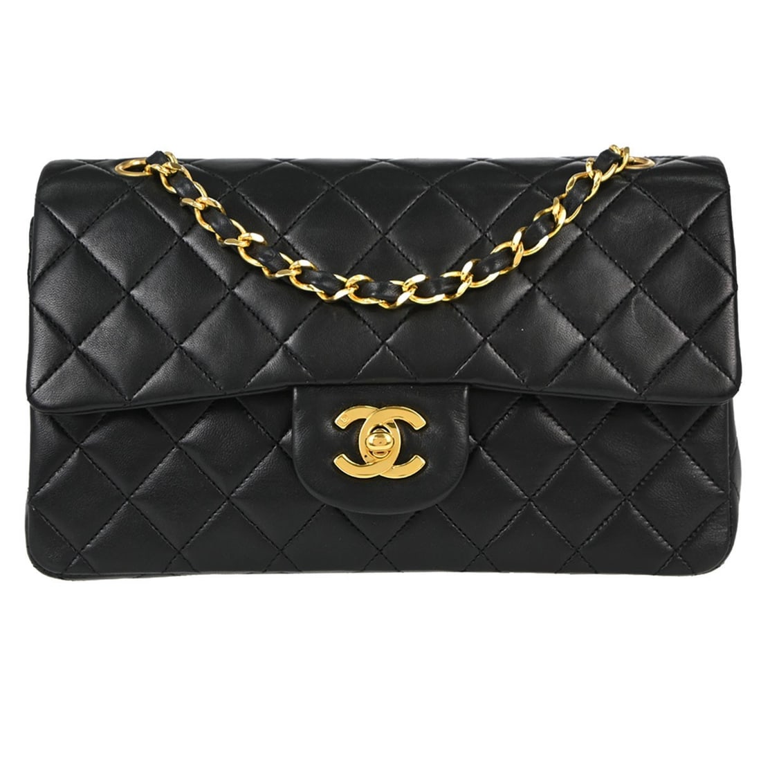 CHANEL Classic Double Flap Small Black Lambskin Shoulder Bag: CHANEL Classic Double Flap Small Black Lambskin Shoulder Bag Chanel Small Classic Double Flap shoulder bag in black lambskin with a matelasse pattern and flap turnlock closure. This women's shoulder b