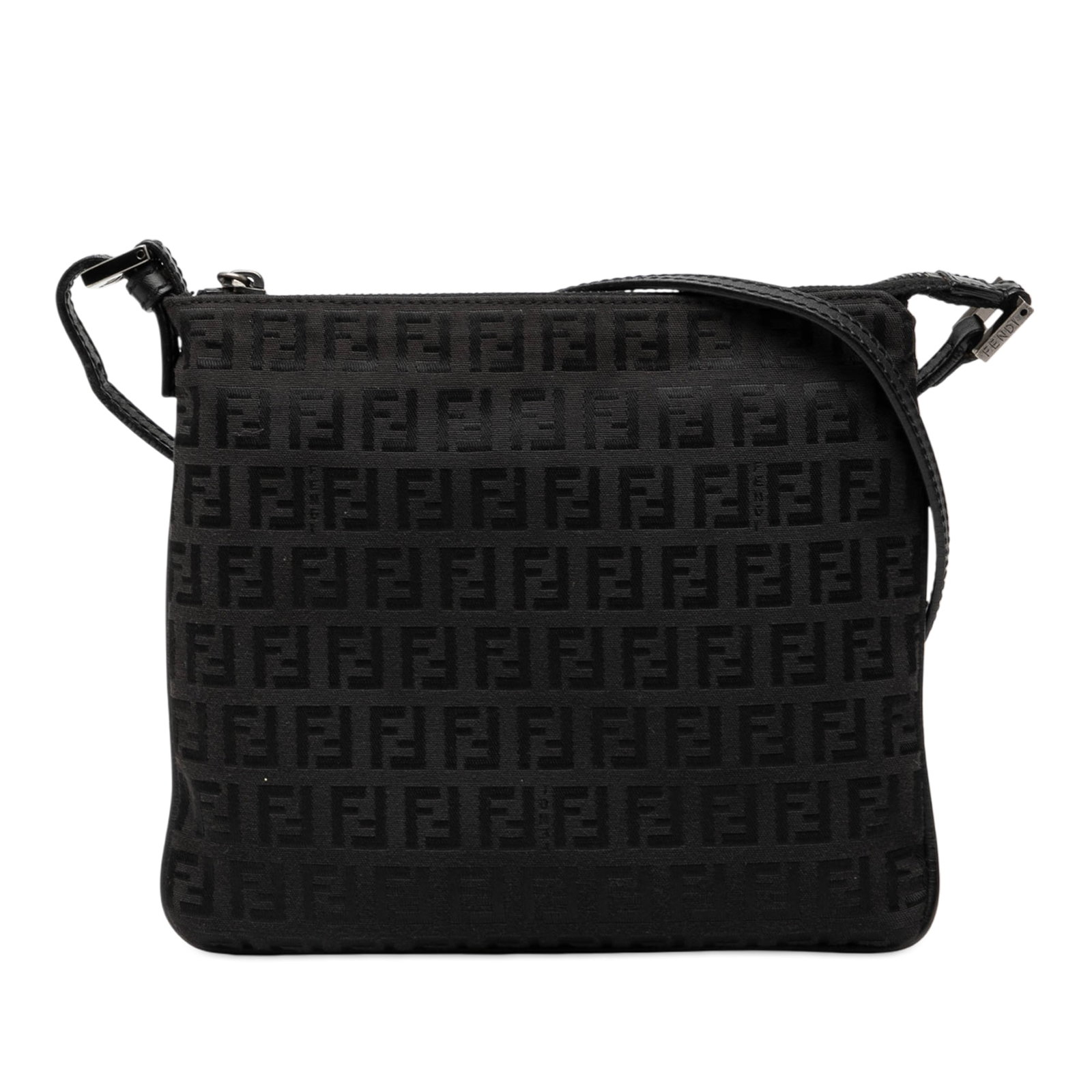 Fendi Zucchino Pattern Canvas Black Crossbody Bag with Leather Trim: Fendi Zucchino Pattern Canvas Black Crossbody Bag with Leather Trim This Fendi Zucchino Canvas Crossbody features a canvas body with leather trim, a flat leather strap, a top zip closure, and an inter