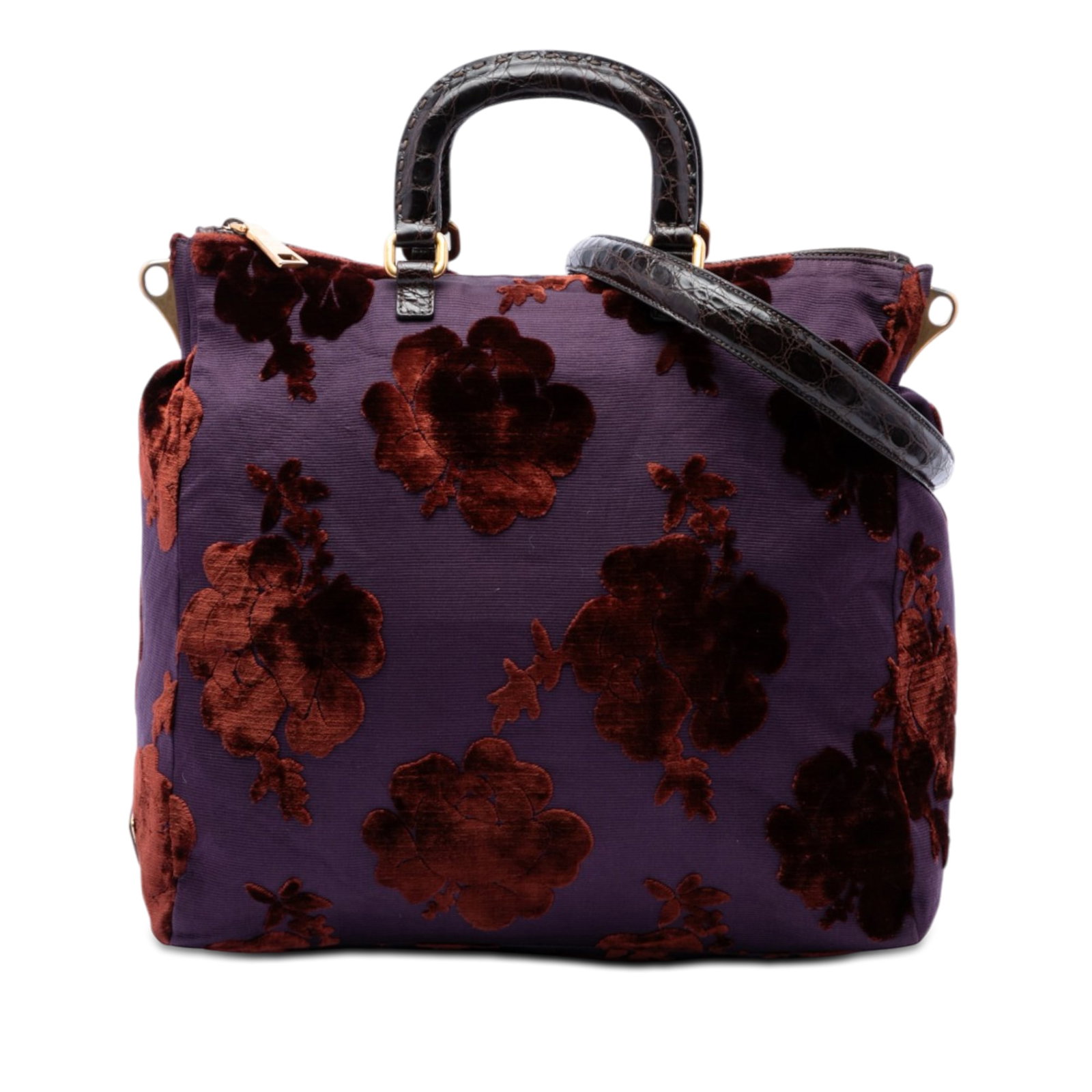 Prada Floral Velluto Jacquard Tote Bag with Shoulder Strap: Prada Floral Velluto Jacquard Tote Bag with Shoulder Strap Prada Floral Velluto Jacquard Convertible Tote in purple fabric with floral velvet detailing. This tote features croc-embossed leather rolled