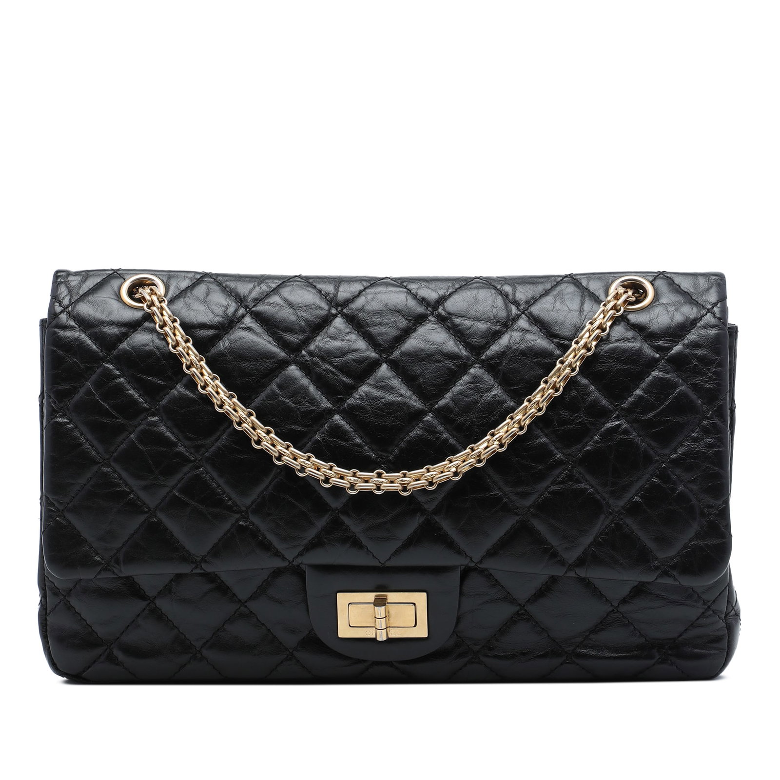 Chanel Reissue 2.55 227 Quilted Aged Calfskin Shoulder Bag: Chanel Reissue 2.55 227 Quilted Aged Calfskin Shoulder Bag A Chanel Reissue 2.55 Double Flap 227 shoulder bag crafted in black quilted aged calfskin leather. It features chain link shoulder straps, do
