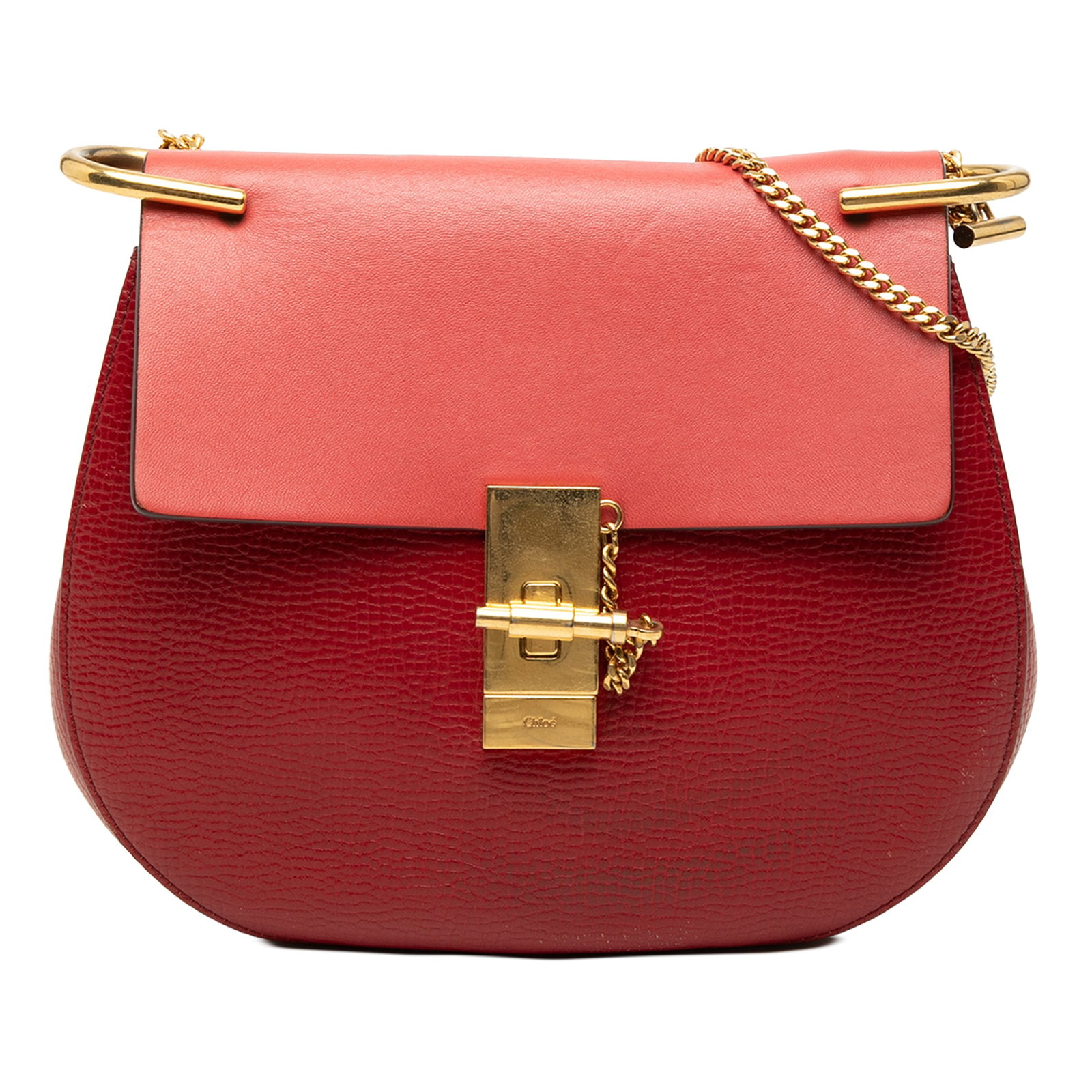 Chloe Drew Small Bicolor Calfskin Crossbody Bag Red: Chloe Drew Small Bicolor Calfskin Crossbody Bag Red This Chloe Drew crossbody bag is crafted in smooth and grained calfskin leather with a bicolor design. It features a chain link strap, a front flap 