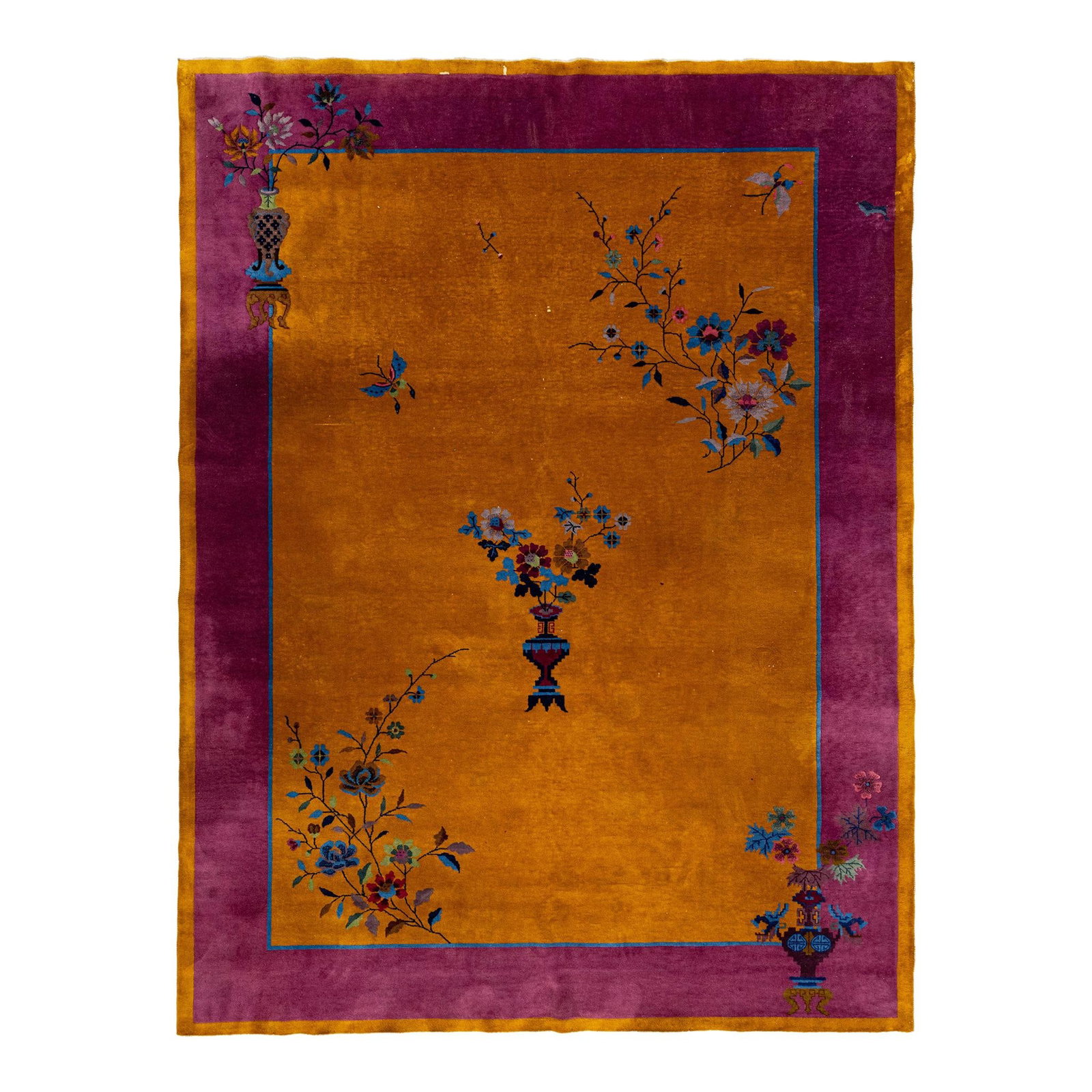 Antique Art Deco Chinese Handmade Wool Rug Goldenrod Floral Design 8'8 x 11'4: Antique Art Deco Chinese Handmade Wool Rug Goldenrod Floral Design 8'8 x 11'4 Discover the elegance of this antique Art Deco hand-knotted wool rug featuring a stunning goldenrod field. This exquisite 