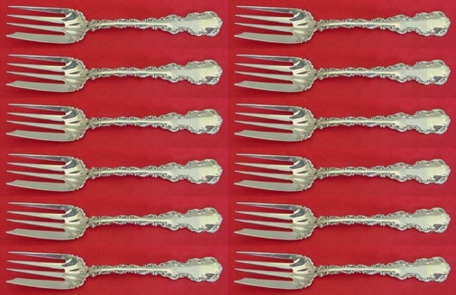 Whiting Louis XV Sterling Silver Salad Fork Set 12 Pieces: Whiting Louis XV Sterling Silver Salad Fork Set 12 Pieces This exquisite 12-piece set of salad forks by Whiting features the elegant Louis XV pattern, crafted from high-quality sterling silver. Each f