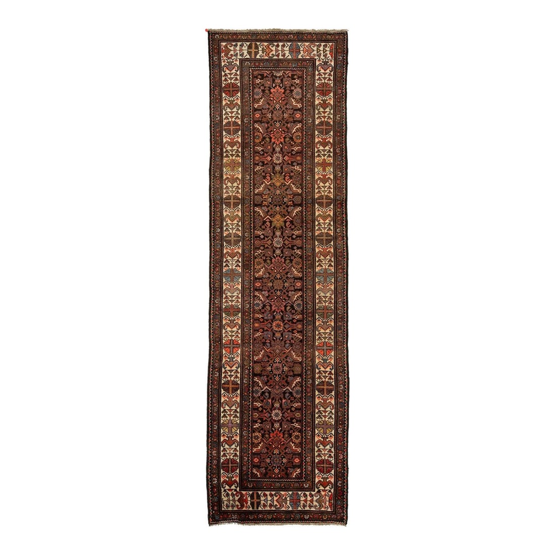 Antique Malayer Handmade Wool Runner with Floral Design 3'4 x 11'7: Antique Malayer Handmade Wool Runner with Floral Design 3'4 x 11'7 Enhance your space with this exquisite 20th-century Malayer hand-knotted wool runner. Featuring a rich brown color field, this rug is