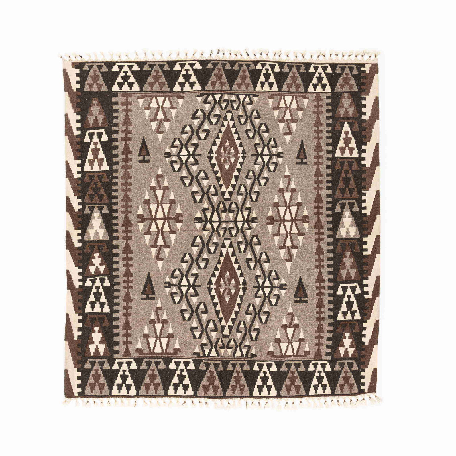 Authentic Handmade Kayseri Wool Kilim 76 x 80.7 Inches: Authentic Handmade Kayseri Wool Kilim 76 x 80.7 Inches Discover the beauty of this Authentic Handmade Kayseri Wool On Wool Kilim, meticulously crafted in Kayseri. This flat woven masterpiece showcases