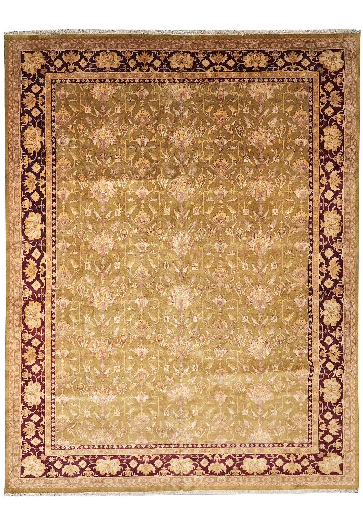 12 x 15.2 Handmade Agra Wool Rug Olive Burgundy: 12 x 15.2 Handmade Agra Wool Rug Olive Burgundy Free continental US Shipping This handmade Agra rug features a classic design with elaborate floral motifs, graceful vines, and detailed borders inspire