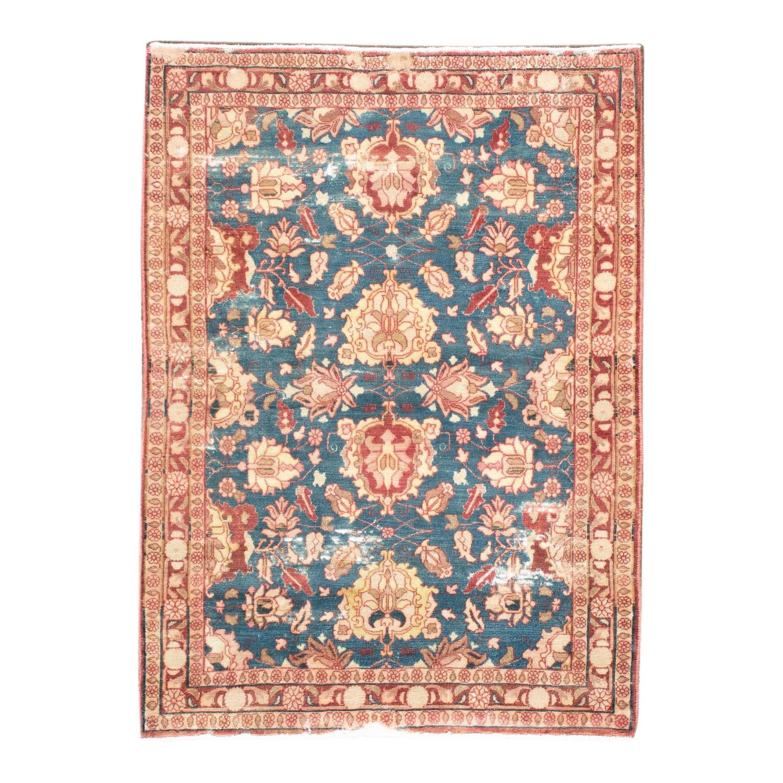 Vintage Hand-Knotted Wool Silk Floral Rug Blue Peach 3'6 x 4'10: Vintage Hand-Knotted Wool Silk Floral Rug Blue Peach 3'6 x 4'10 This exquisite vintage distressed rug showcases a beautiful hand-knotted design crafted from a luxurious blend of wool and silk. The cap