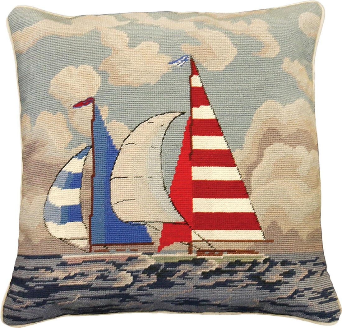 Hand-Made Nautical Needlepoint Pillow with Striped Sailboat Design: Hand-Made Nautical Needlepoint Pillow with Striped Sailboat Design Enhance your nautical decor with this exquisite hand-made needlepoint decorative pillow featuring a charming striped sailboat design.