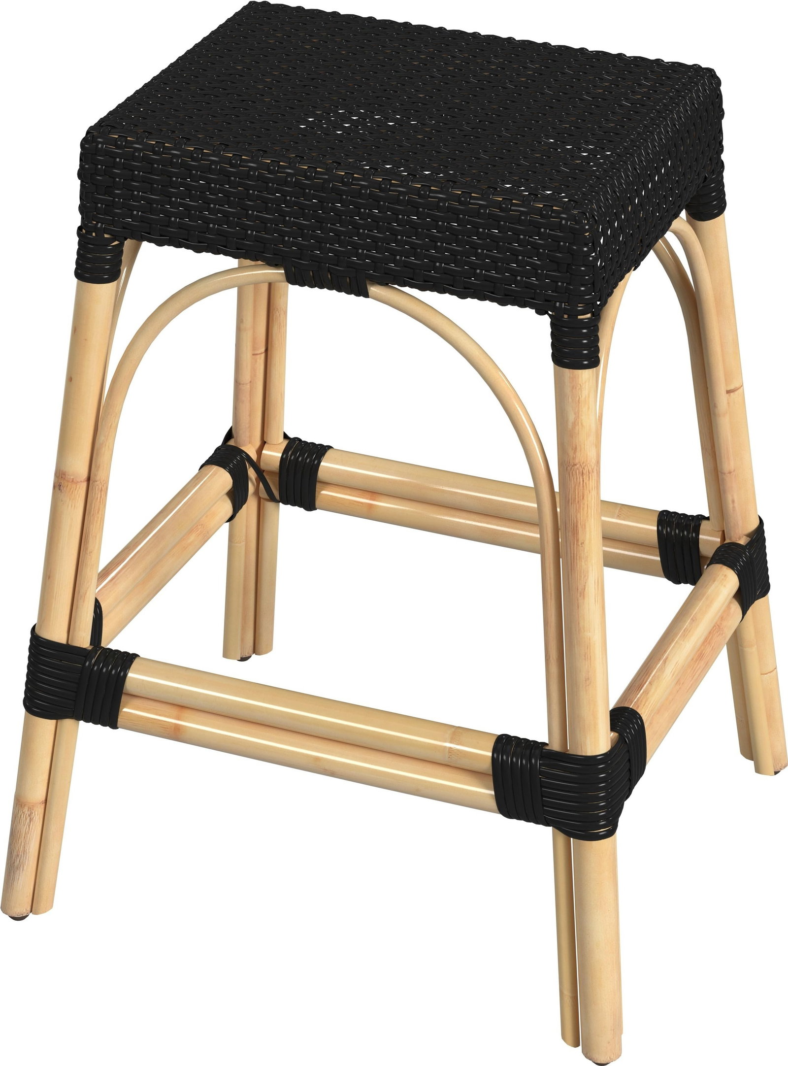 Butler Coastal Black Rattan Counter Stool 24.5H: Butler Coastal Black Rattan Counter Stool 24.5H Elevate your coastal decor with the Robias Black Rattan Coastal Counter Stool, featuring a stylish natural rattan frame. This counter stool is designed 