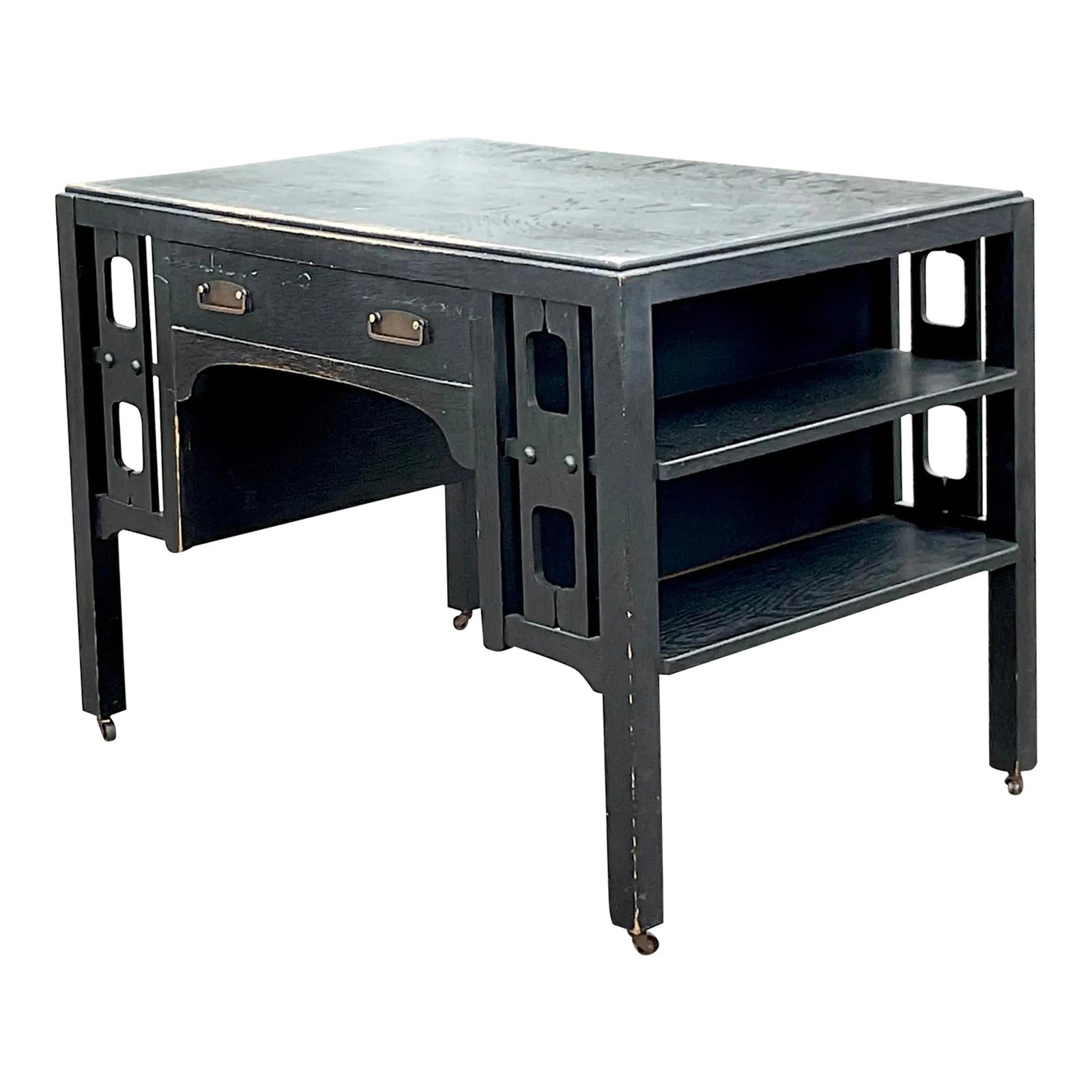 Vintage Boho Mission Style Oak Desk with Brass Pulls: Vintage Boho Mission Style Oak Desk with Brass Pulls Discover this exceptional vintage Boho desk, showcasing a chic Mission style from the Arts and Crafts period. This piece features classic Mission d