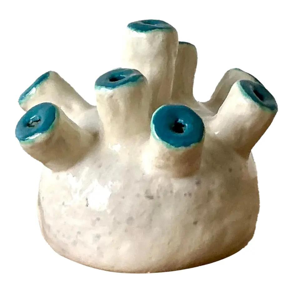 1970s Studio Pottery Organic Modern Biomorphic Vase with Cobalt Blue Accents (1 of 8)