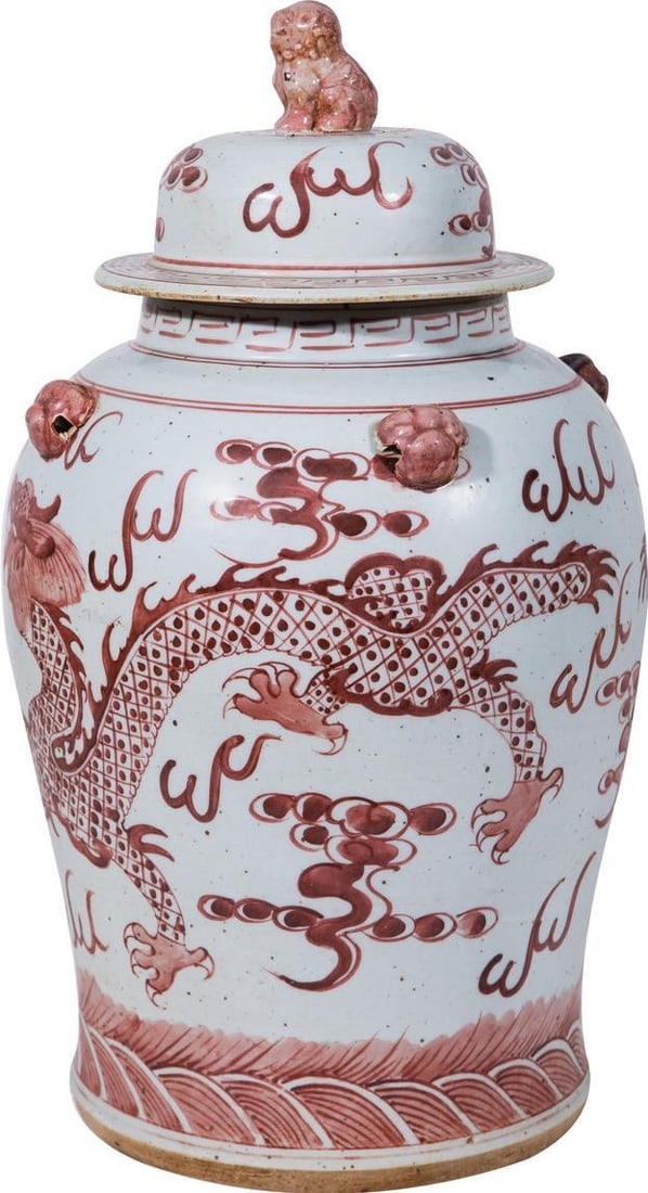 Handcrafted Maroon Ceramic Temple Jar with Dragon Design 24H 13W 13D (1 of 7)