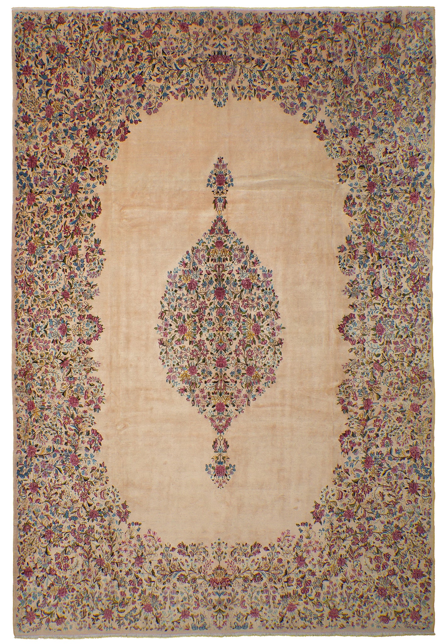 10 x 15 Semi-Antique Persian Kerman Quality Rug Ivory: 10 x 15 Semi-Antique Persian Kerman Quality Rug Ivory Free continental US Shipping Semi-antique Persian Kerman quality rug in an ivory colorway, featuring an intricate floral design with an ornate cen