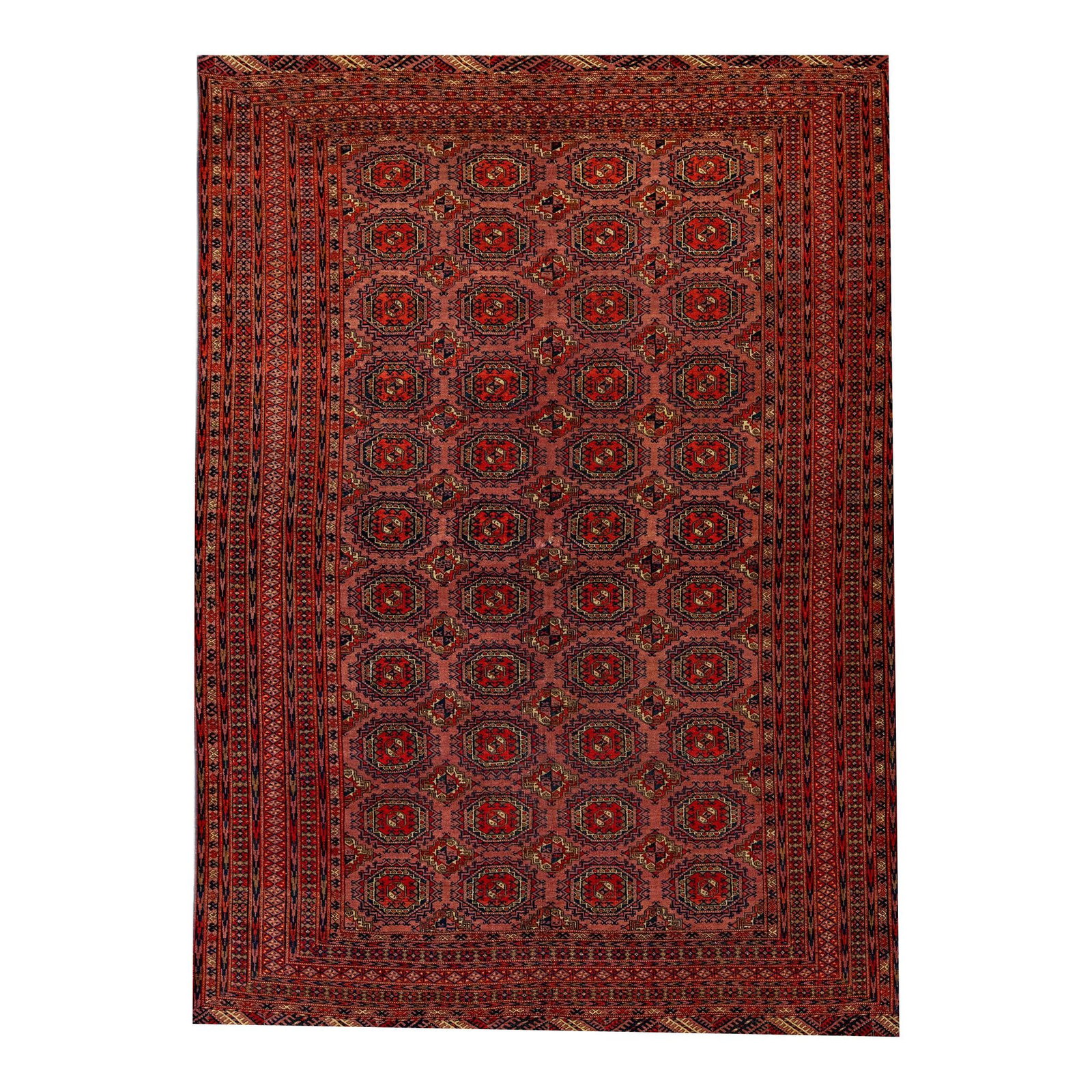 Vintage Turkmen Hand-Knotted Wool Rug Terracotta Geometric Design 5'6 x 7'10: Vintage Turkmen Hand-Knotted Wool Rug Terracotta Geometric Design 5'6 x 7'10 This exquisite vintage Turkmen hand-knotted wool rug features a captivating terracotta field complemented by striking navy 