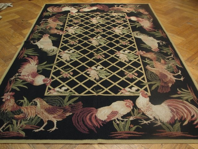 Handcrafted 6' x 9' Black Needlepoint Rooster Area Rug: Handcrafted 6' x 9' Black Needlepoint Rooster Area Rug Free continental US Shipping Enhance your home with this exquisite 6' x 9' Black Needlepoint Rooster Rug, showcasing a stunning rooster design on