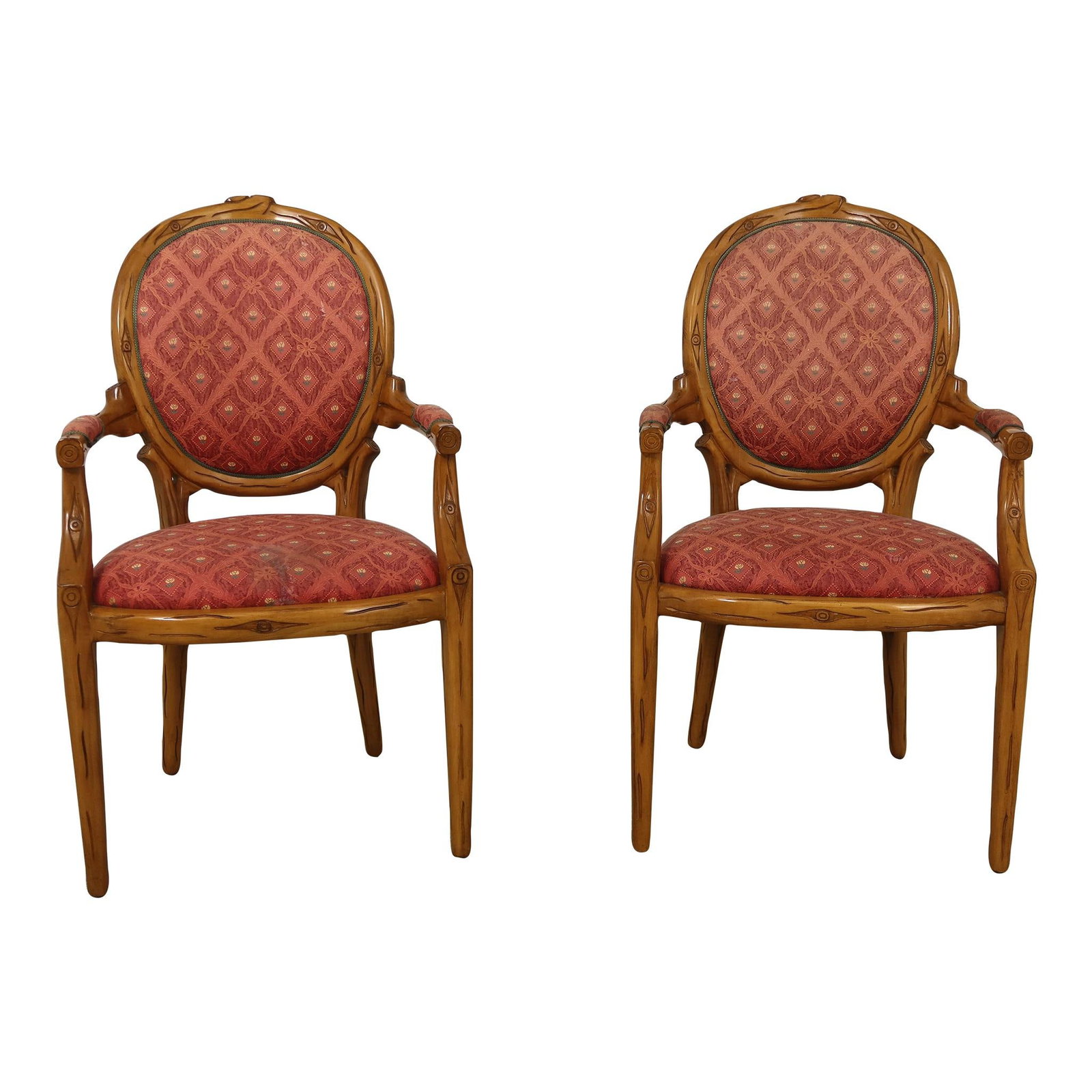 Pair of Vintage Modern Branch Motif Carved Armchairs: Pair of Vintage Modern Branch Motif Carved Armchairs This pair of modern design armchairs features a distinctive branch motif carved into the wood, showcasing a unique blend of artistry and comfort. A