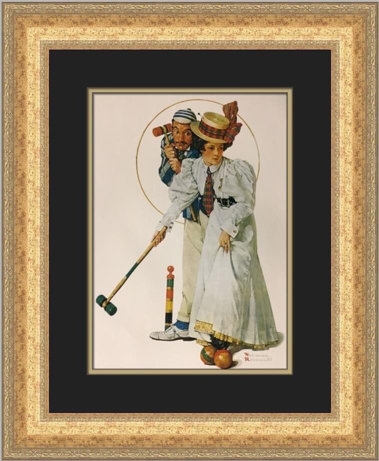 Norman Rockwell Croquet Custom Framed Print 20 x 18 1979: Norman Rockwell Croquet Custom Framed Print 20 x 18 1979 This stunning custom framed print by Norman Rockwell captures the playful spirit of croquet, showcasing the artist's photorealistic style. Prod