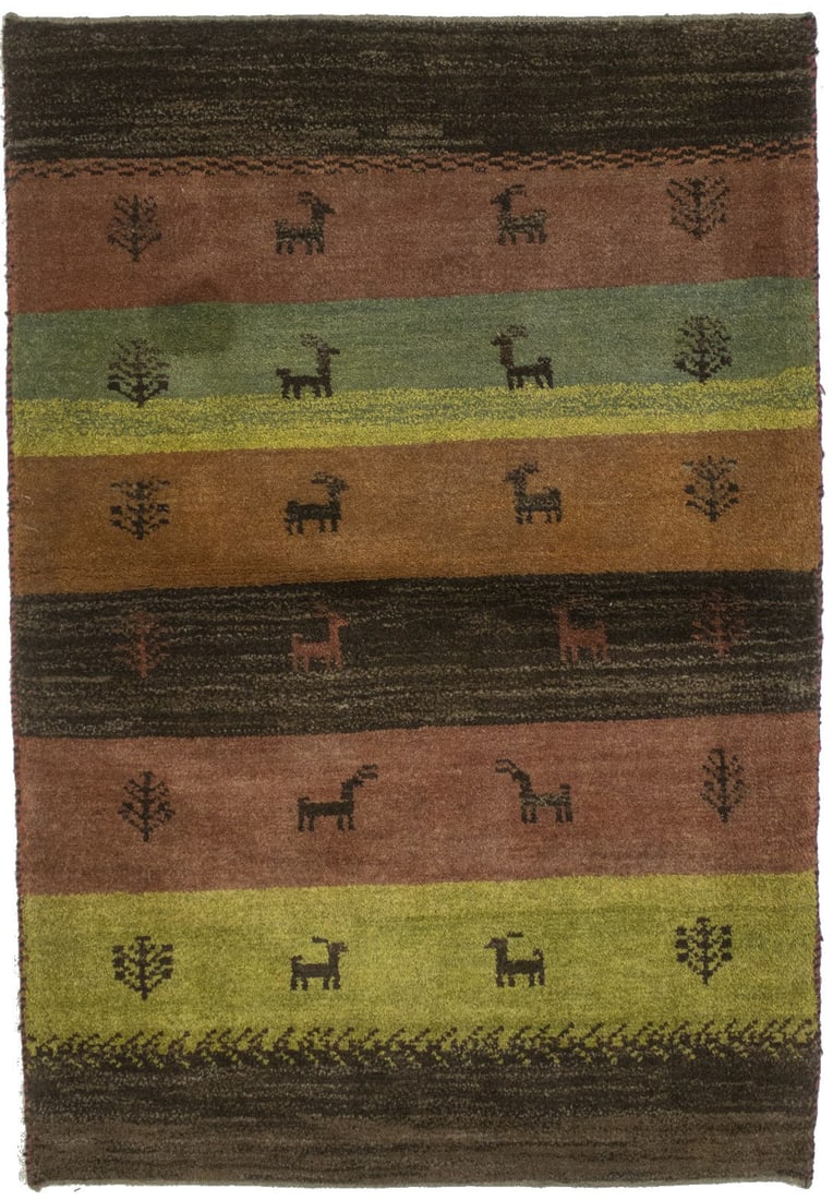 Handmade Vintage Gabbeh Wool Rug 3'3 x 4'9 Multicolored Stripes: Handmade Vintage Gabbeh Wool Rug 3'3 x 4'9 Multicolored Stripes Enhance your space with this stunning handmade modern Gabbeh oriental rug, featuring vibrant multicolored stripes in hues of rust, green