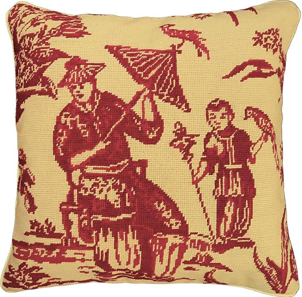 Williamsburg Chinoiserie Cushion with Bird Boy Design: Williamsburg Chinoiserie Cushion with Bird Boy Design Transform your living space with the Elegant Williamsburg Chinoiserie Cushion, a stunning throw pillow that beautifully combines traditional craft