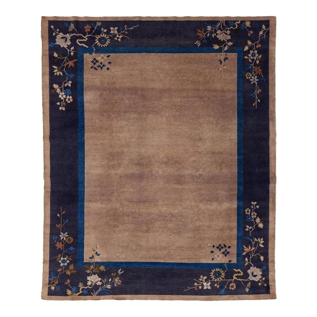 8' x 9'8" Chinese Art Deco Wool Rug Taupe Field Navy Border: 8' x 9'8" Chinese Art Deco Wool Rug Taupe Field Navy Border Antique Chinese Art Deco rug from the 1920s featuring a rich taupe field with a deep navy blue border and delicate, asymmetrical floral spra