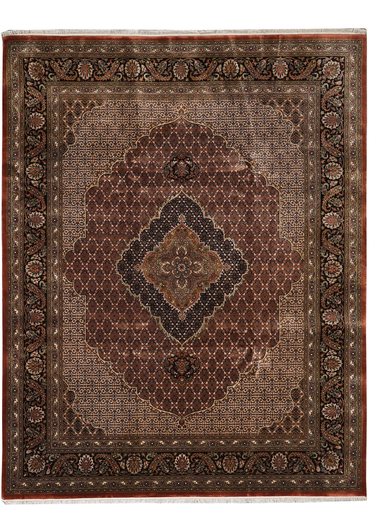 8.1 x 10 Mahi Tabriz Handmade Wool Silk Rug Premium Quality: 8.1 x 10 Mahi Tabriz Handmade Wool Silk Rug Premium Quality Free continental US Shipping Enhance your space with this exquisite 8.1 x 10 Rust Mahi Tabriz rug, meticulously handwoven from high-quality 
