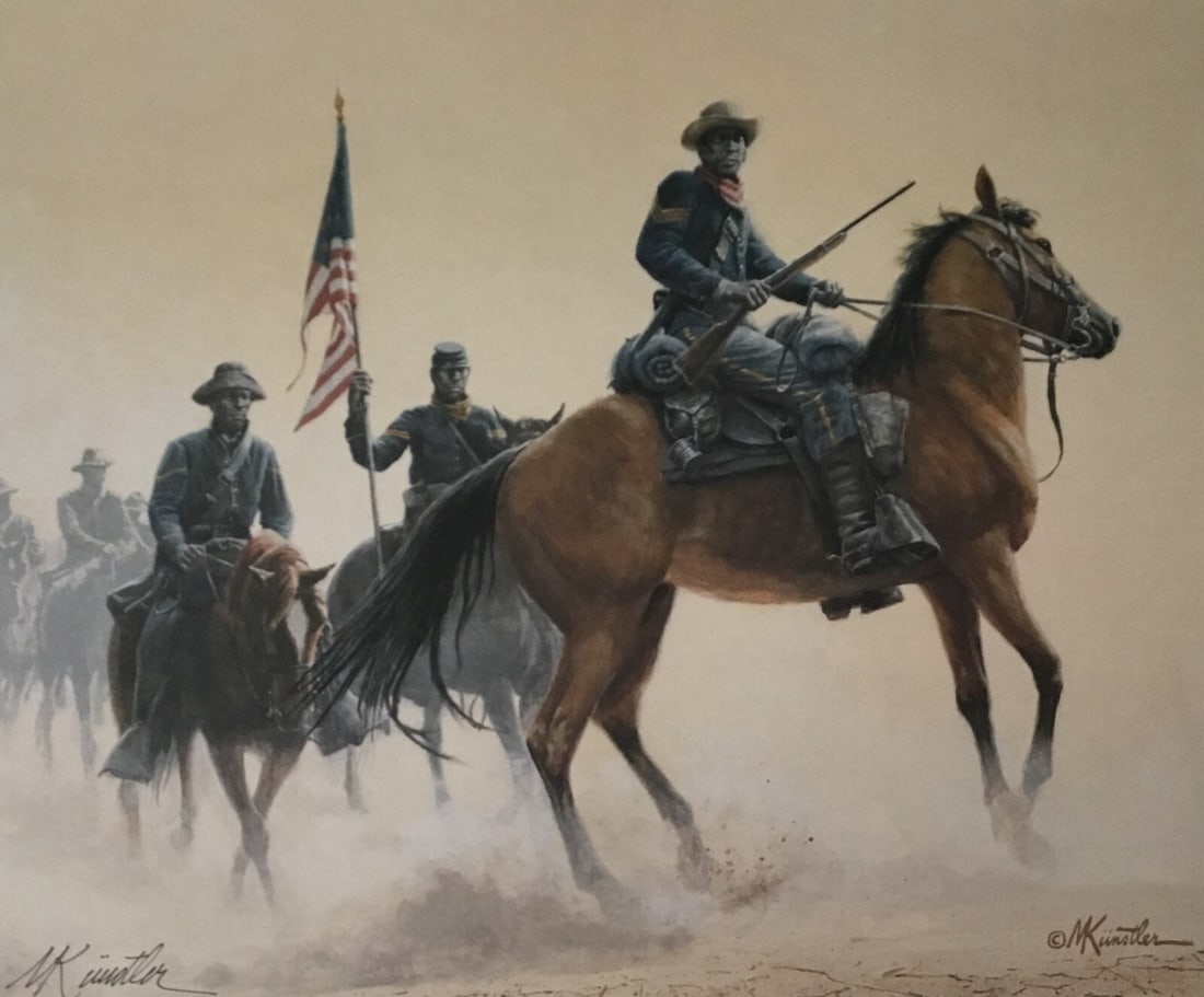 Mort Kunstler Buffalo Soldiers Limited Edition Signed Print COA: Mort Kunstler Buffalo Soldiers Limited Edition Signed Print COA This stunning limited edition print titled "Buffalo Soldiers Of The West" by renowned artist Mort Kunstler captures a significant moment