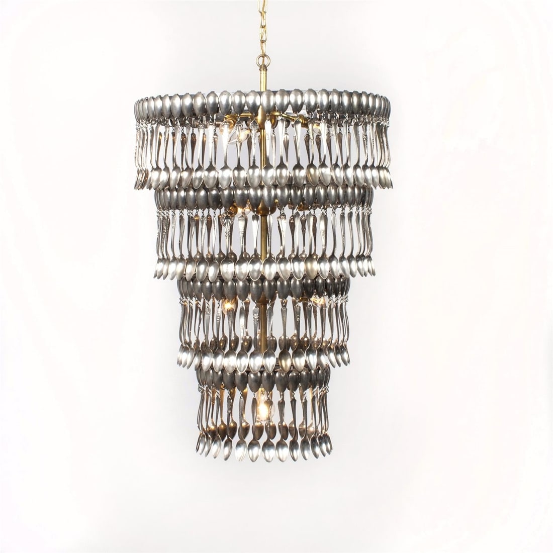 10-Light Silver-Plated Spoon Chandelier Eclectic Style: 10-Light Silver-Plated Spoon Chandelier Eclectic Style Illuminate your space with this stunning Custom Vintage Style Spoon Chandelier Lighting, a unique blend of antique and contemporary design. Handc